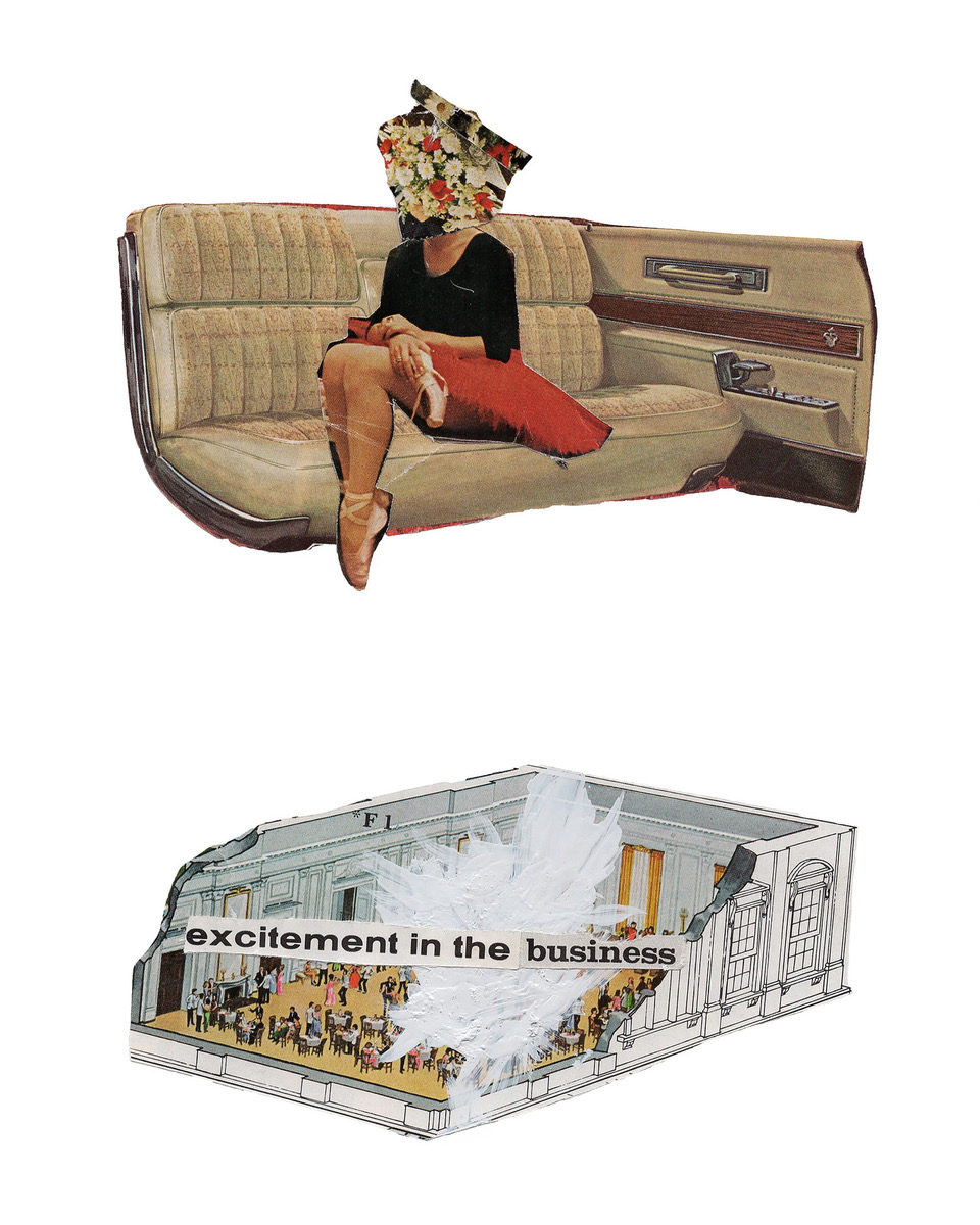 The interior of a classic car is on top of the page. A vintage ballerina is pasted in the seat, with a crop of wildflowers over the top of her head. Below, there is a large banquet hall holding a dance. Obscuring the centre of the hall, the artist has added thick white paint resembling a plume of smoke. Cut from a newspaper, the text ‘excitement in the business’ sits atop the scene.