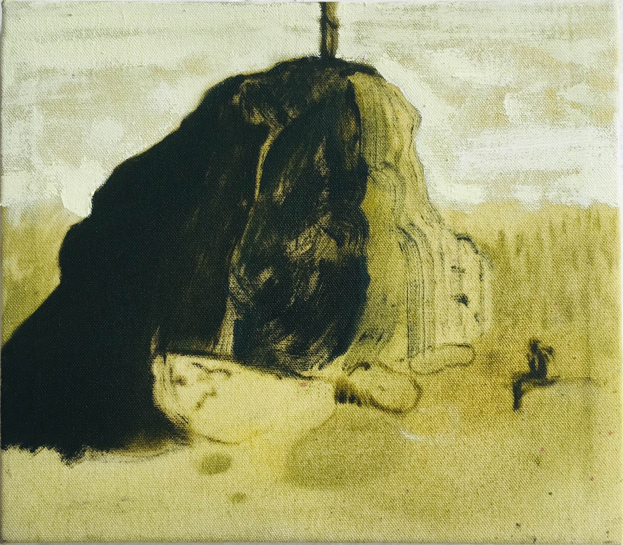 An image of a giant rock painted on a textured canvas. The predominant colour of the canvas is an earthy, tea-stain beige, painted over with white to form a murky sky above, a darker shade of brown distinguishing blades of dry grass or hay in background of the scene, and deep black distinguishing the large rock. A figure in black is sat on the ground at the foot of the rock, dwarfed against it, holding their head in their hands. There is a second figure, a thick black line stood straight upwards on the summit of the rock. It may be another person, or possibly a cactus or obelisk. It is hard to tell, as the top of the silhouette is past the edge of the frame.