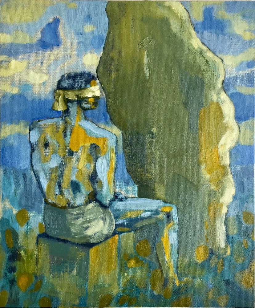 A blindfolded, broad shouldered figure sits, back to us, facing a large stone, much taller than it is wide, with similar proportions to the person if they were standing. The person is sat on a box in a field. The colour pallets is bright, the sky dappled in warm blues, the ground light but dull greens and yellows, the person. painted in the same. The rock is grey with yellow highlights.